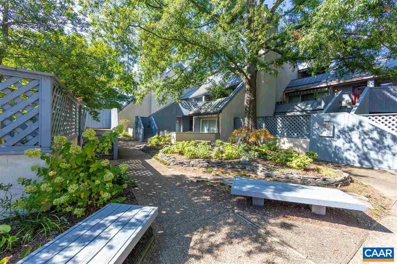 Sunlit courtyard with benches and greenery in a residential complex.